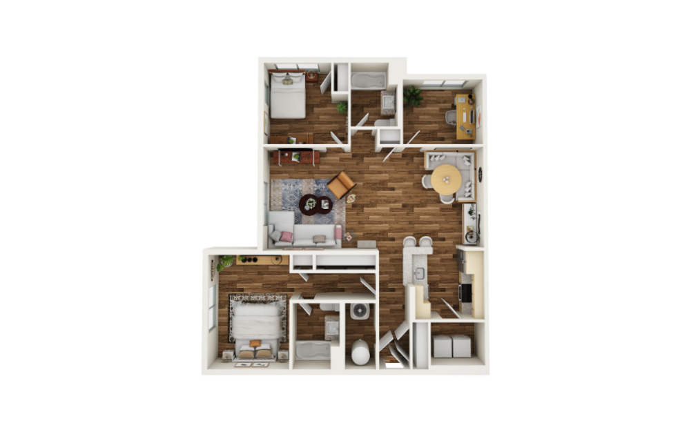 Two Bedroom with Study - 2 bedroom floorplan layout with 2 bathrooms and 1150 square feet (3D)