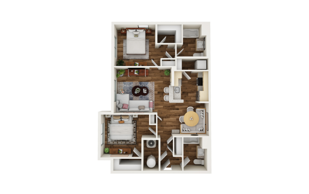 Two Bedroom - 2 bedroom floorplan layout with 2 bathrooms and 925 square feet (3D)