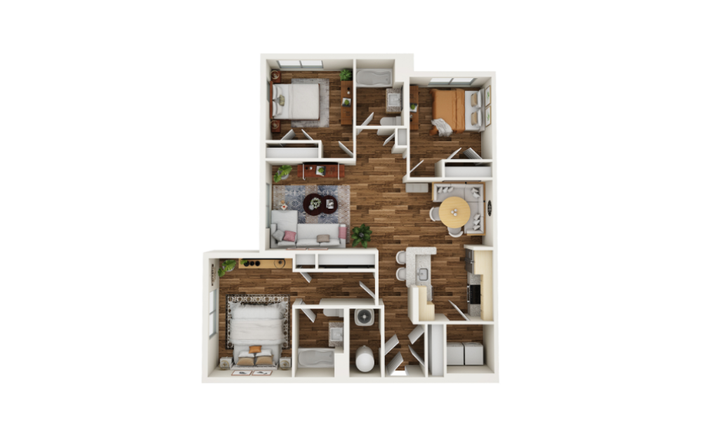 Three Bedroom - 3 bedroom floorplan layout with 2 bathrooms and 1150 square feet (3D)